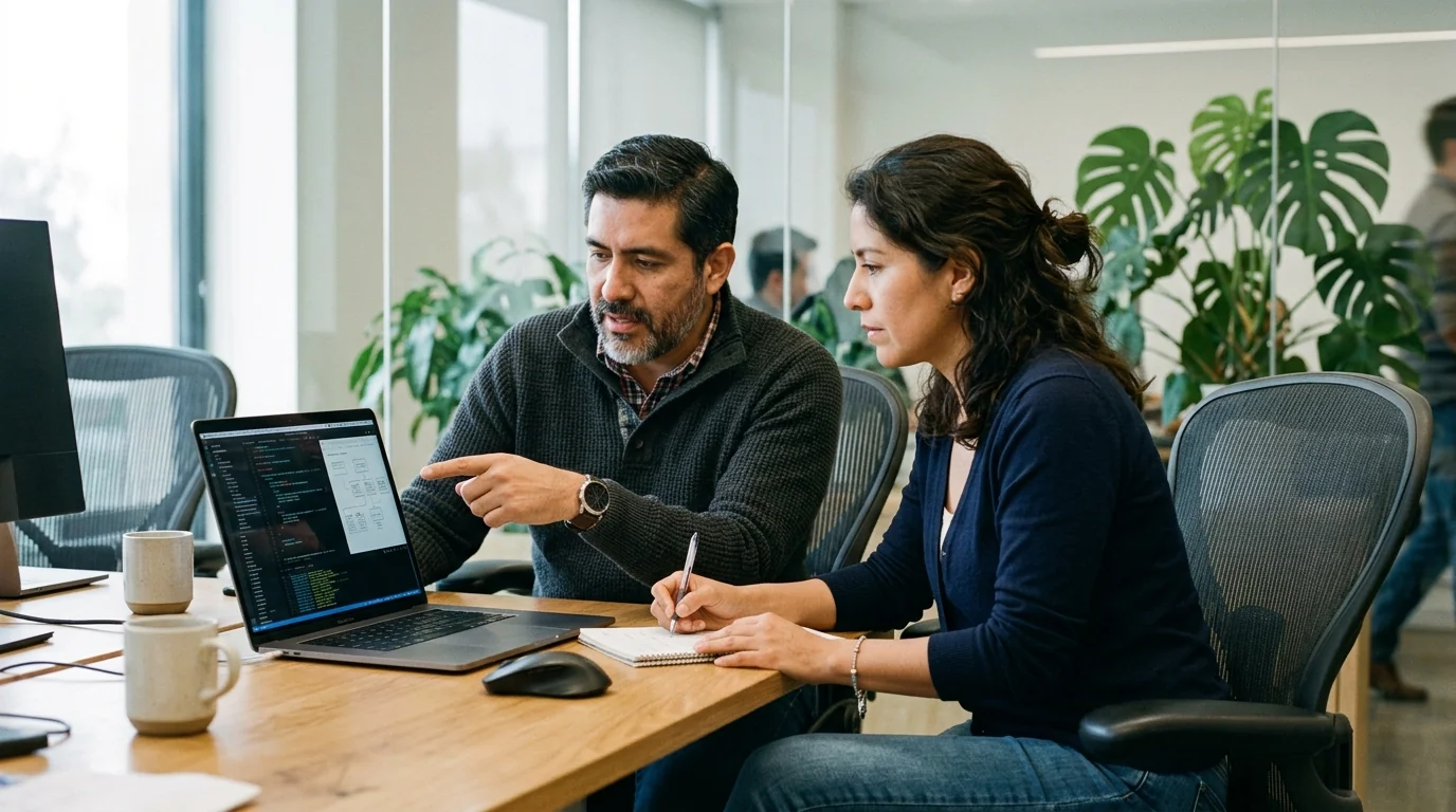 Two tech professionals reviewing code together on a single laptop