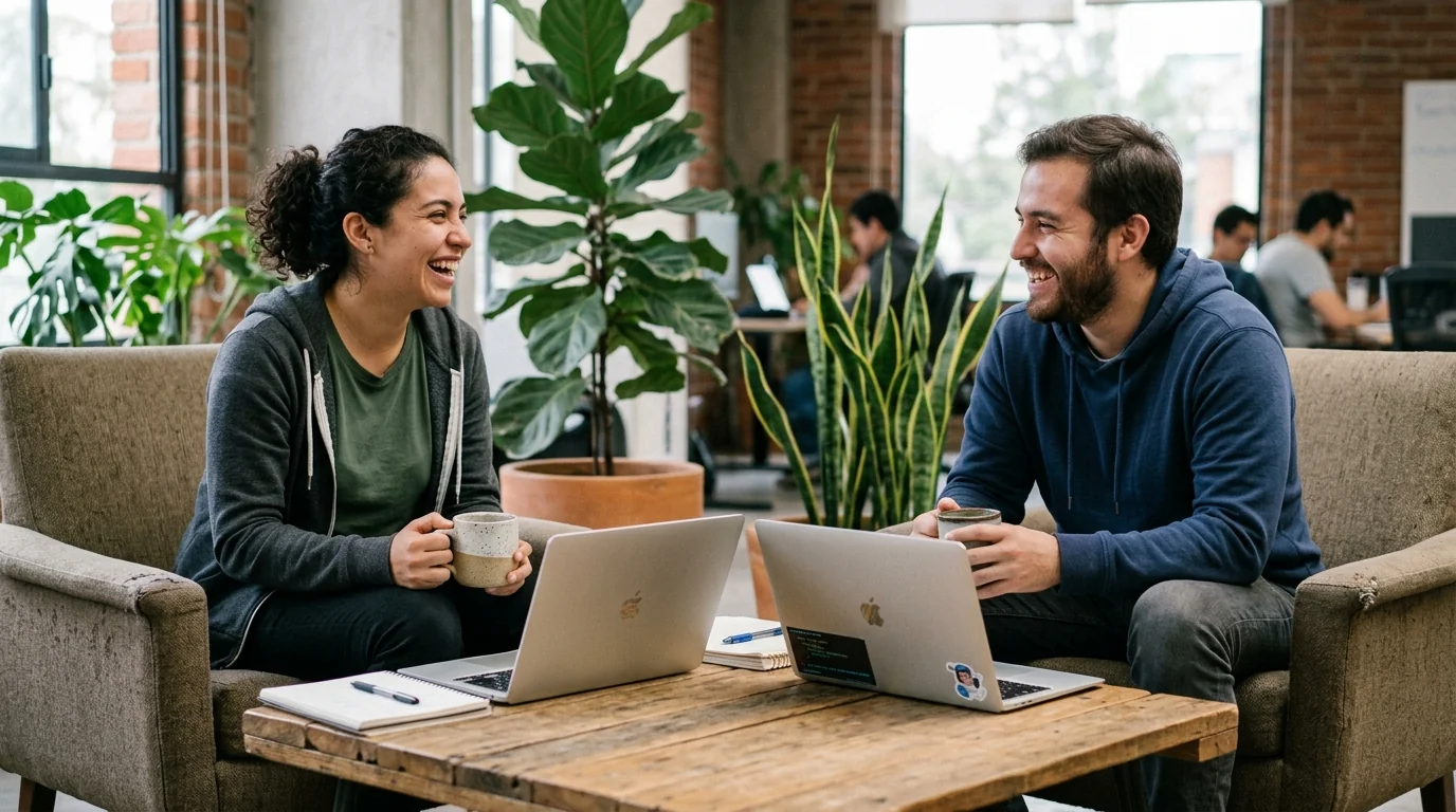 Two people chatting over coffee with open laptops in a common lounge