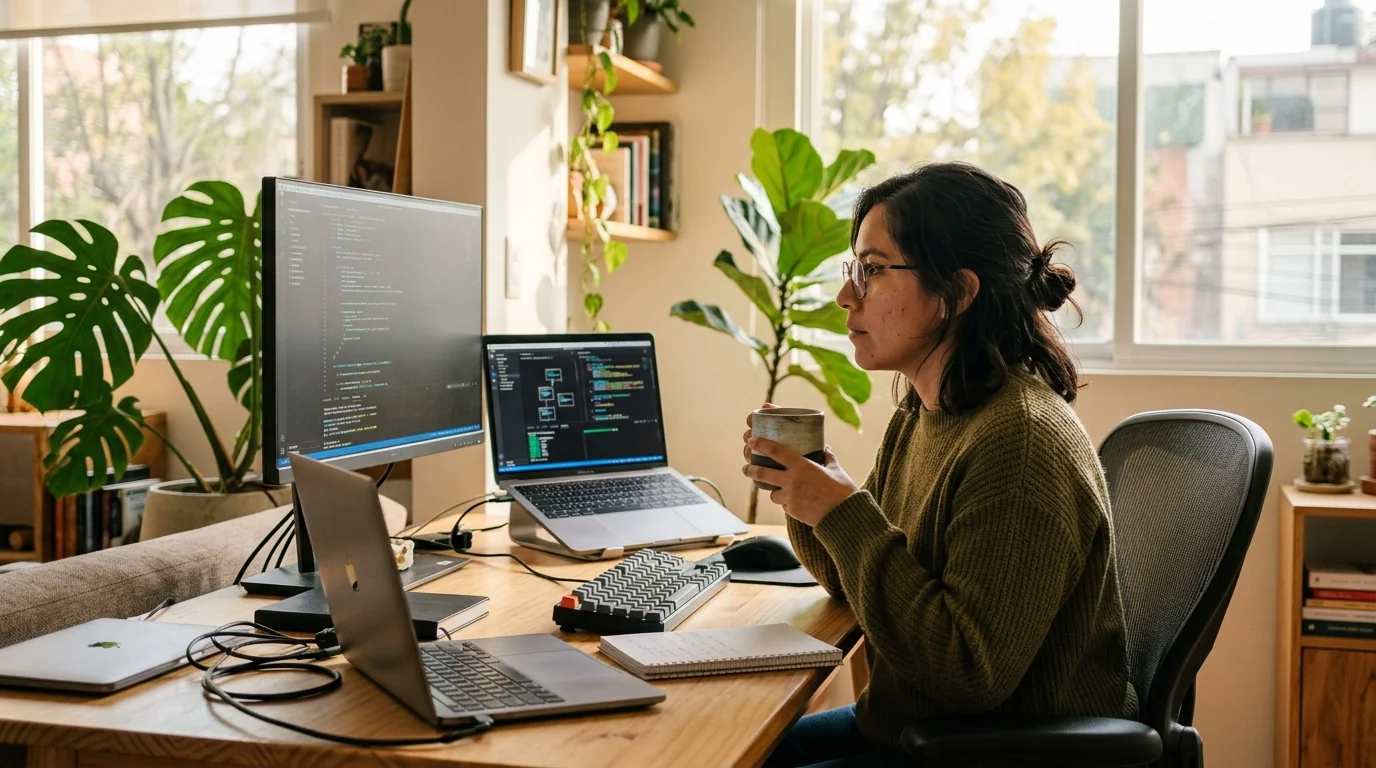 Software engineer working remotely from her sunlit home office with dual monitors